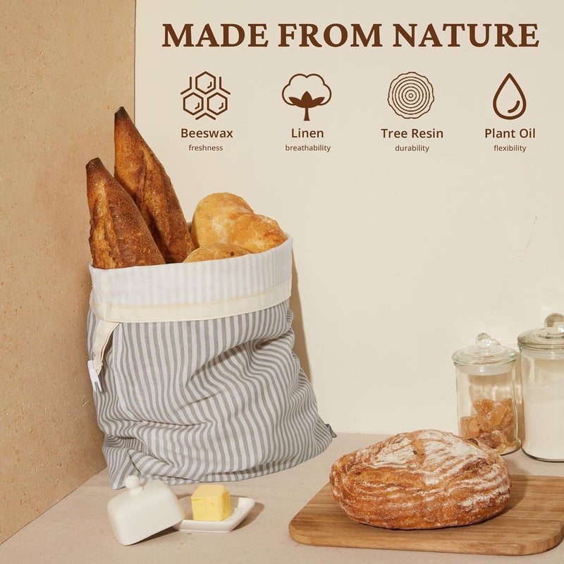 BRONYPRO Reusable Beeswax and Linen Bread Bags, 2-Pack Waxed Bread Bags for Homemade Bread & Sourdough, Sustainable Sourdough Loaf Storage to Lock in Freshness, Large 17x12.6in, Grey - Image 2